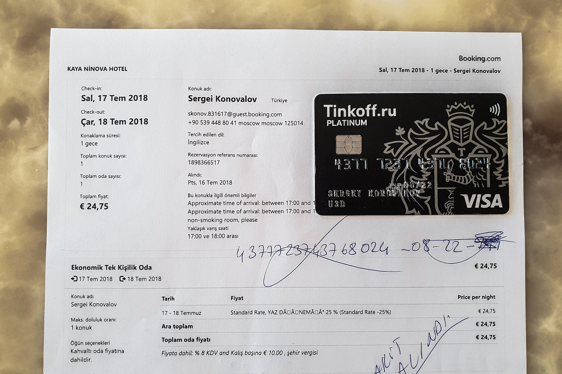 Tinkoff card used in Booking.com